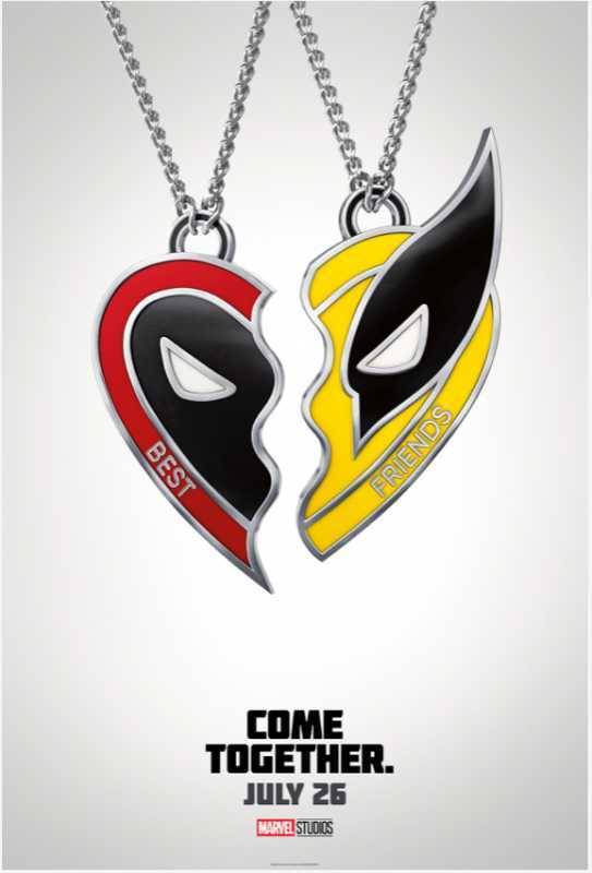 Deadpool, Deadpool ve Wolverine kostümüyle, 20th Century Fox logosunun parçalanmış görüntüsünün önünde.