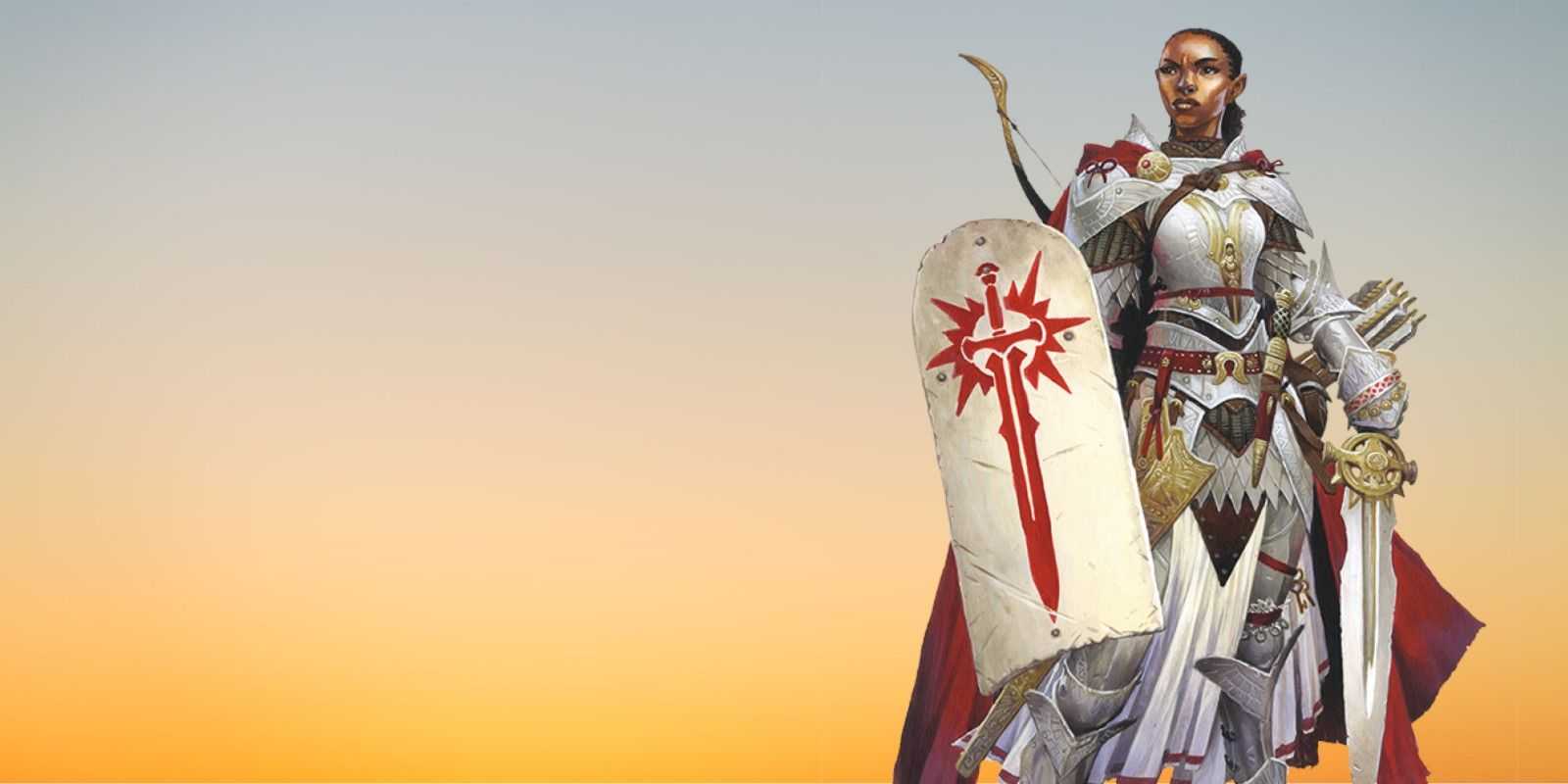Die Pathfinder 2e Championin steht mit Schwert und Schild