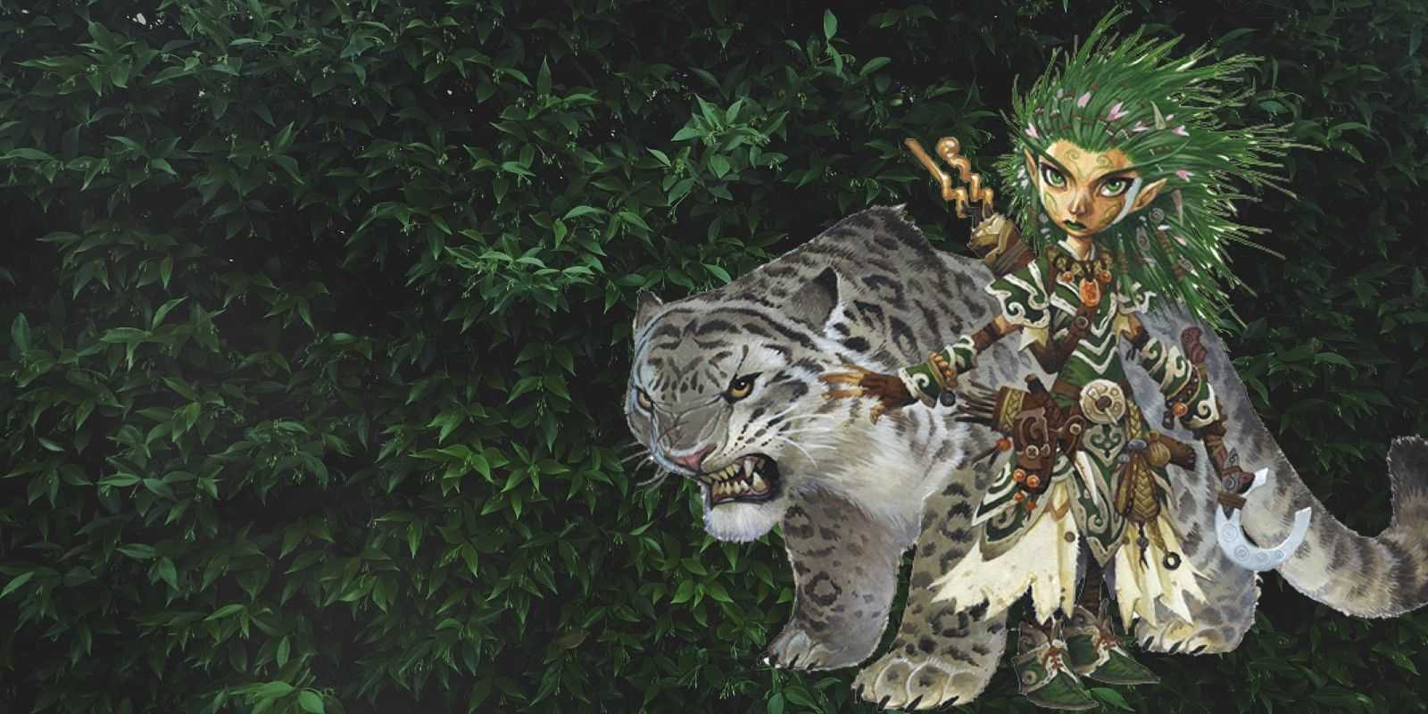 Der Druide steht neben seinem Schneeleoparden