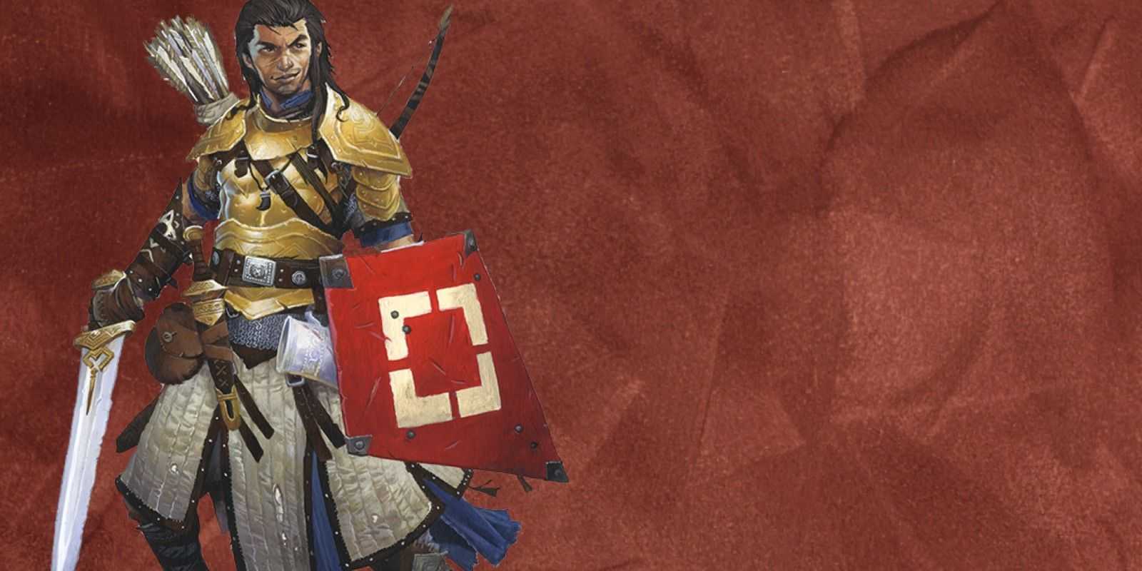 Der Kämpfer steht mit Schwert und Schild