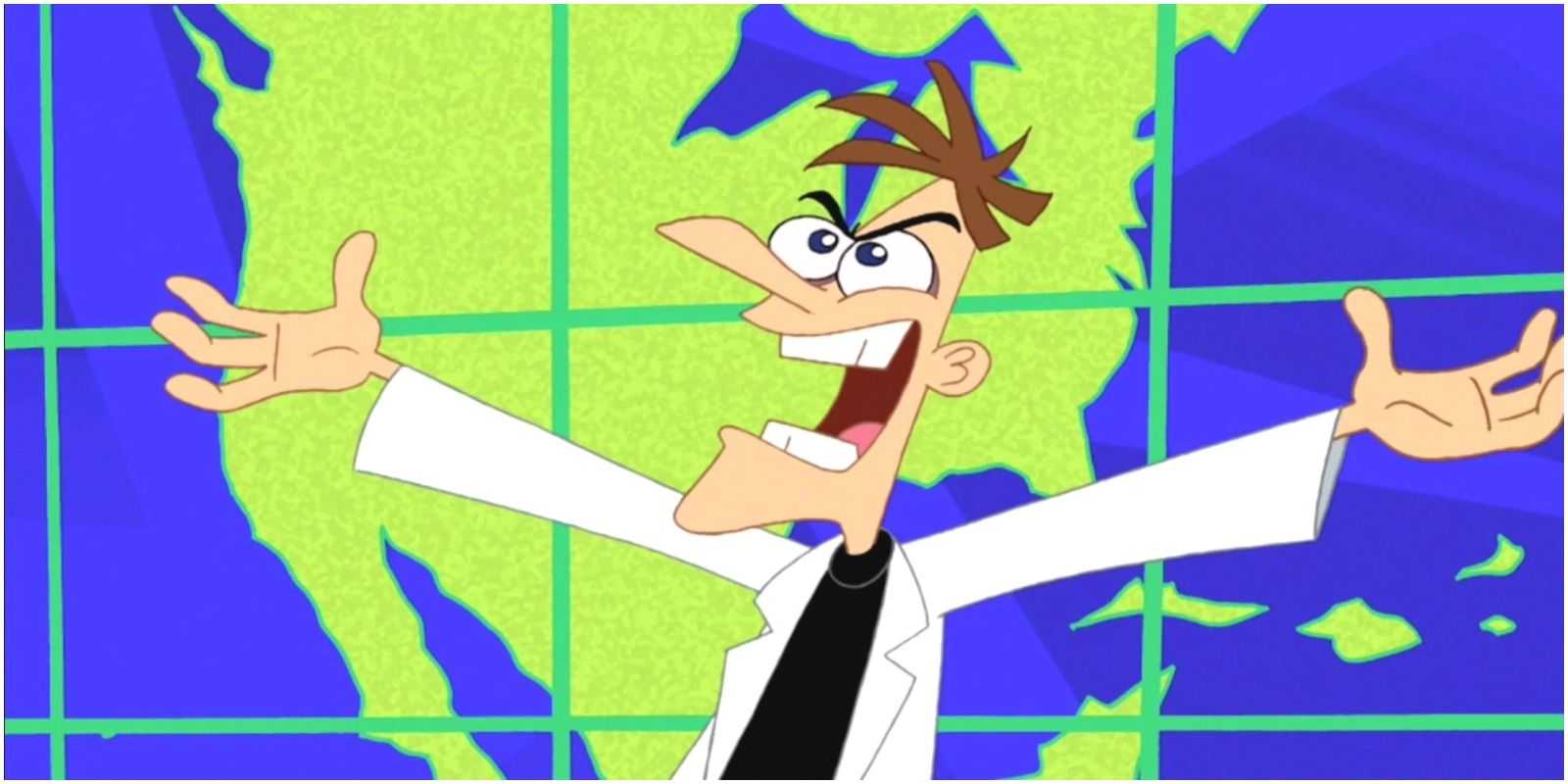 Doktor Doofenshmirtz sa smeje pred veľkým glóbusom od Phineasa a Ferba.
