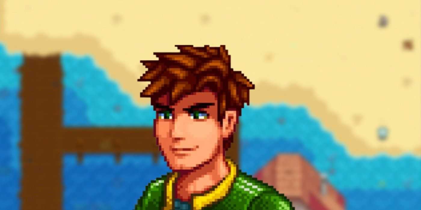 Alex aus Stardew Valley mit dem Strand als Hintergrund