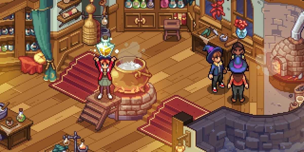 Ein Klassenzimmer in Witchbrook mit einem Schüler, der einen Trank in der Hand hält