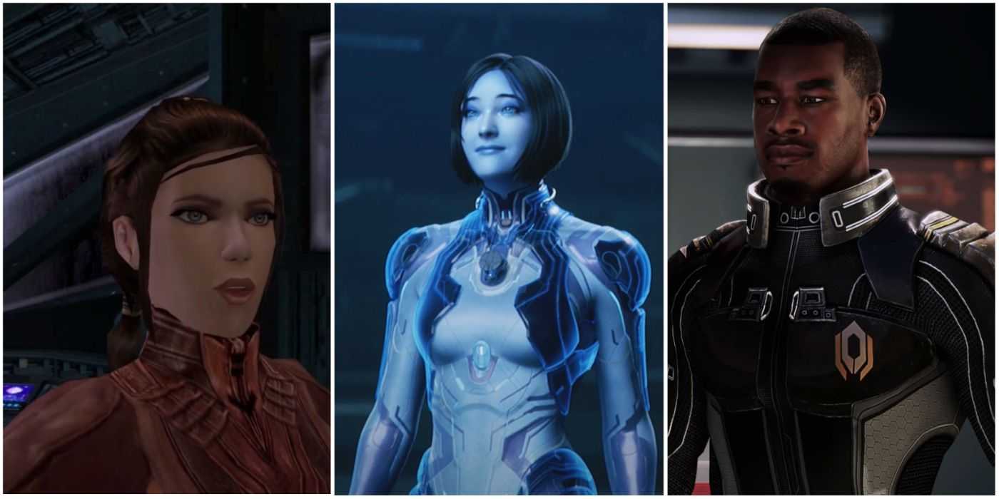 Разделенное изображение: Бастила Шан из Star Wars: Knights of the Old Republic, Кортана из Halo 5: Guardians и Джейкоб Тейлор из Mass Effect 2.