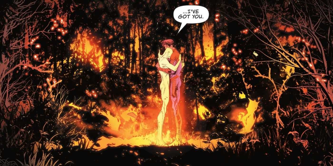 Jonathan Kent objíma ohňom poháňaného metačloveka