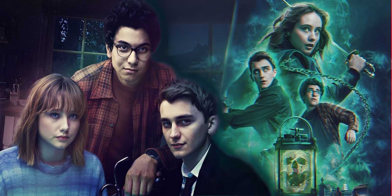 Lockwood & Co. Ana üçlüsü (Anthony, Lucy, George) gösteri için iki farklı posterde.