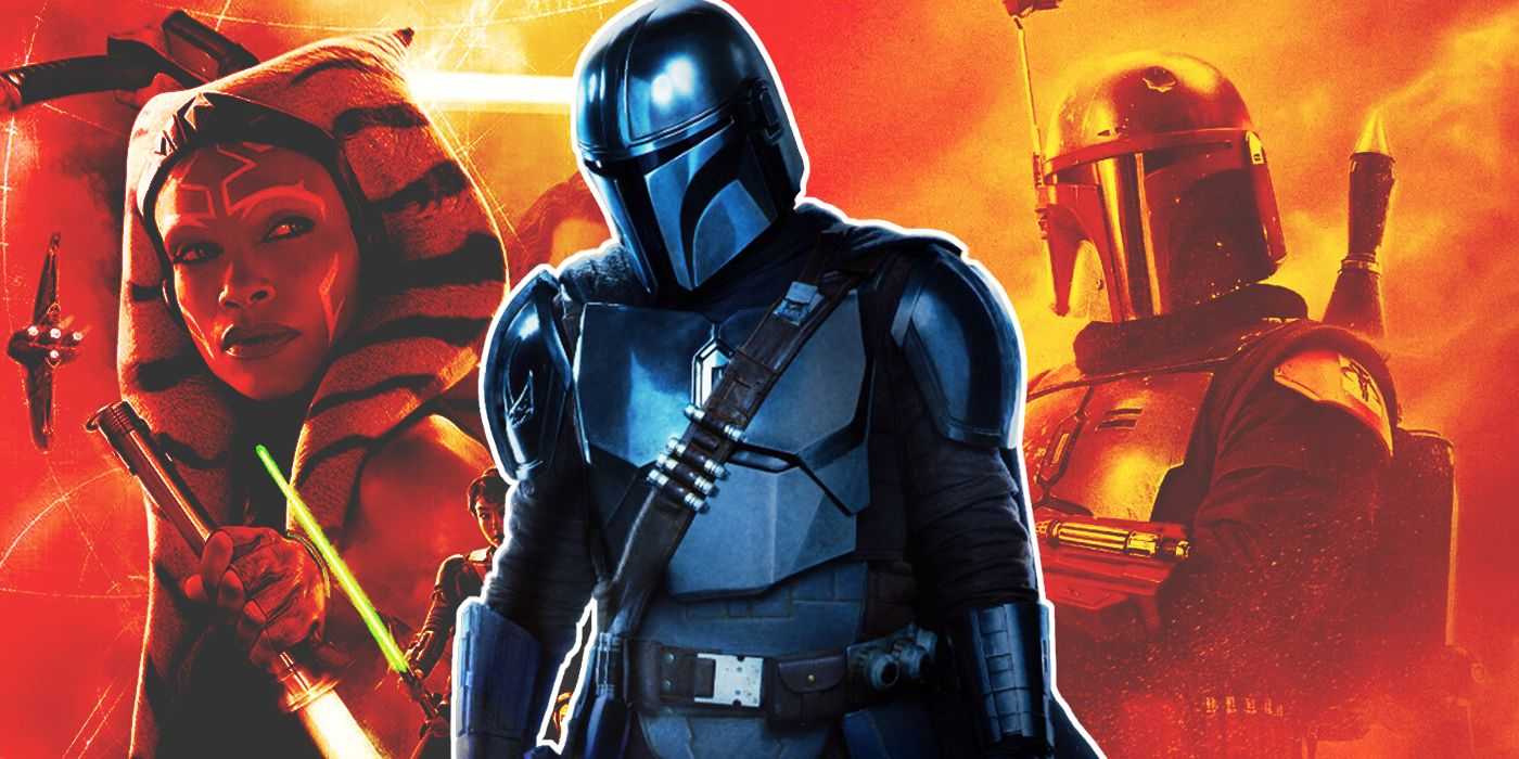 The Mandalorian con carteles de Ahsoka y El libro de Boba Fett de fondo