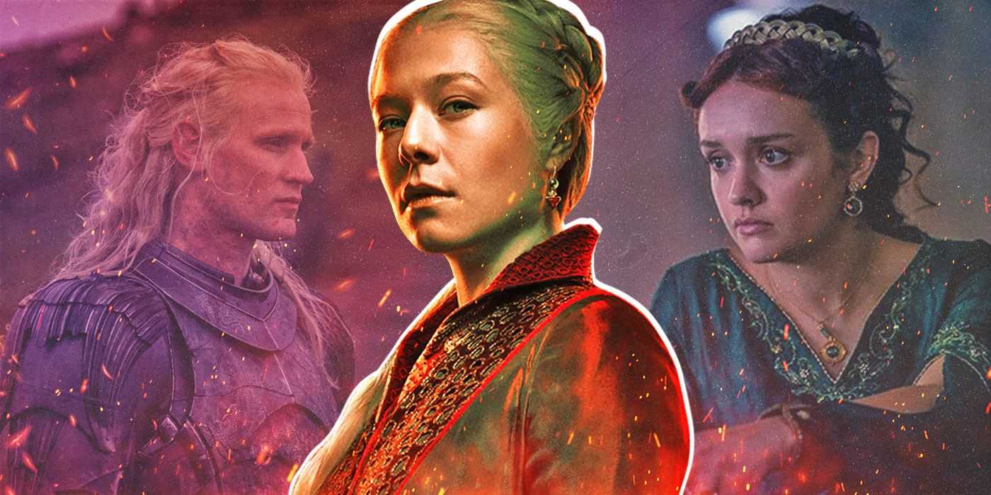 Collage de imágenes de los personajes de House of the Dragon, Rhaenyra Targaryen, Daemon Targaryen y Alicent Hightower