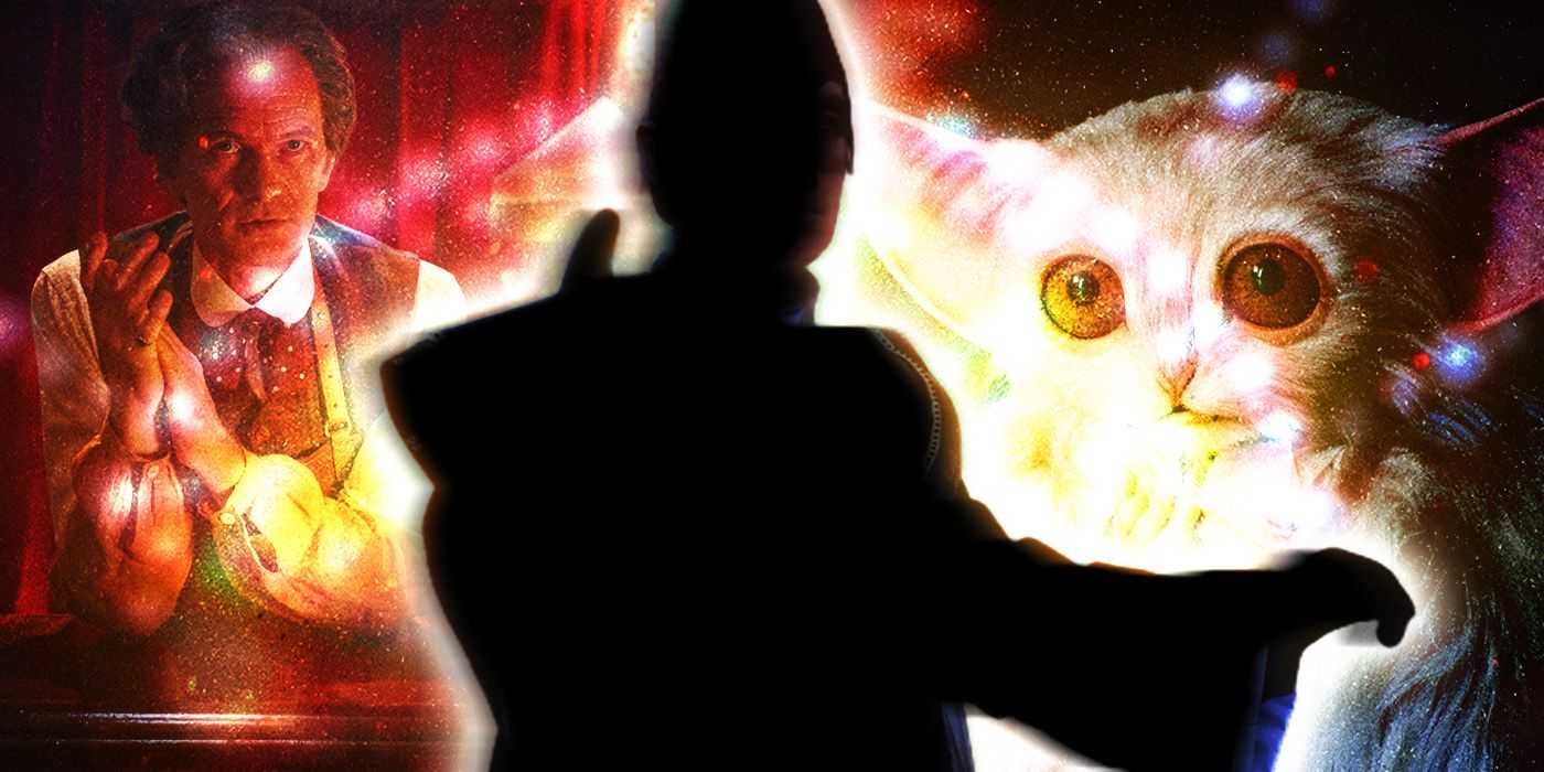 La silueta del Valeyard, frente al Juguetero y al Meep, de Doctor Who.