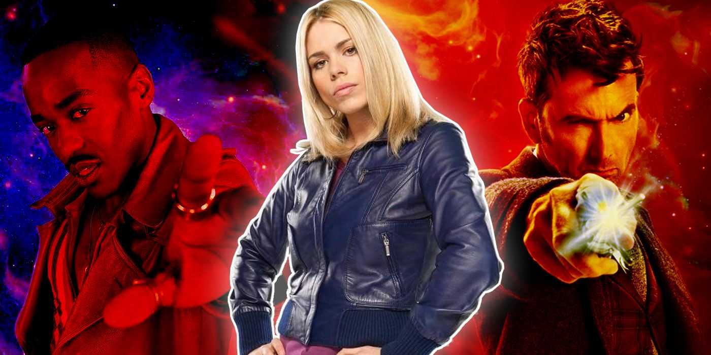 Billie Piper como Rose Tyler con ambas versiones modernas de Doctor Who de fondo.