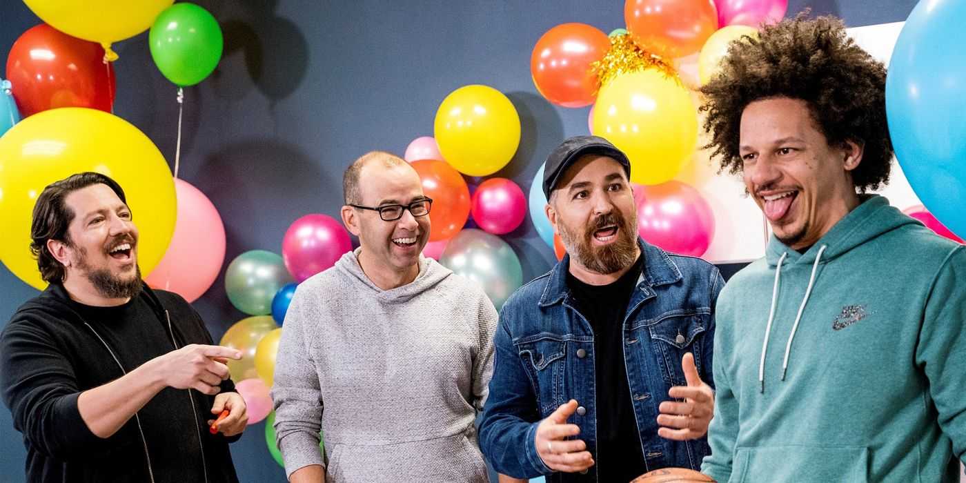 Jokers poco prácticos Sal, James y Brian con Eric Andre frente a globos