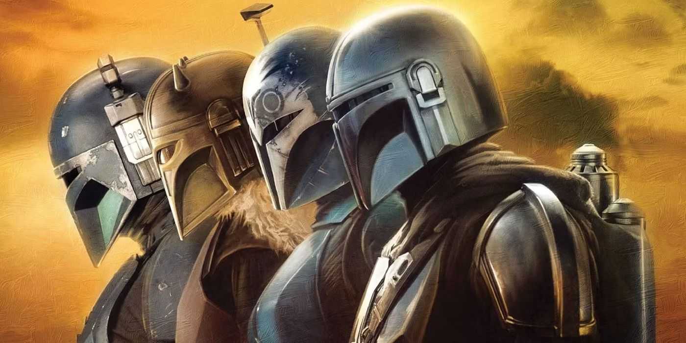 Die Mandalorianer – Paz Viszla, The Armorer, Bo-Katan Kryze und Din Djarin – aus der dritten Staffel von Star Wars The Mandalorian