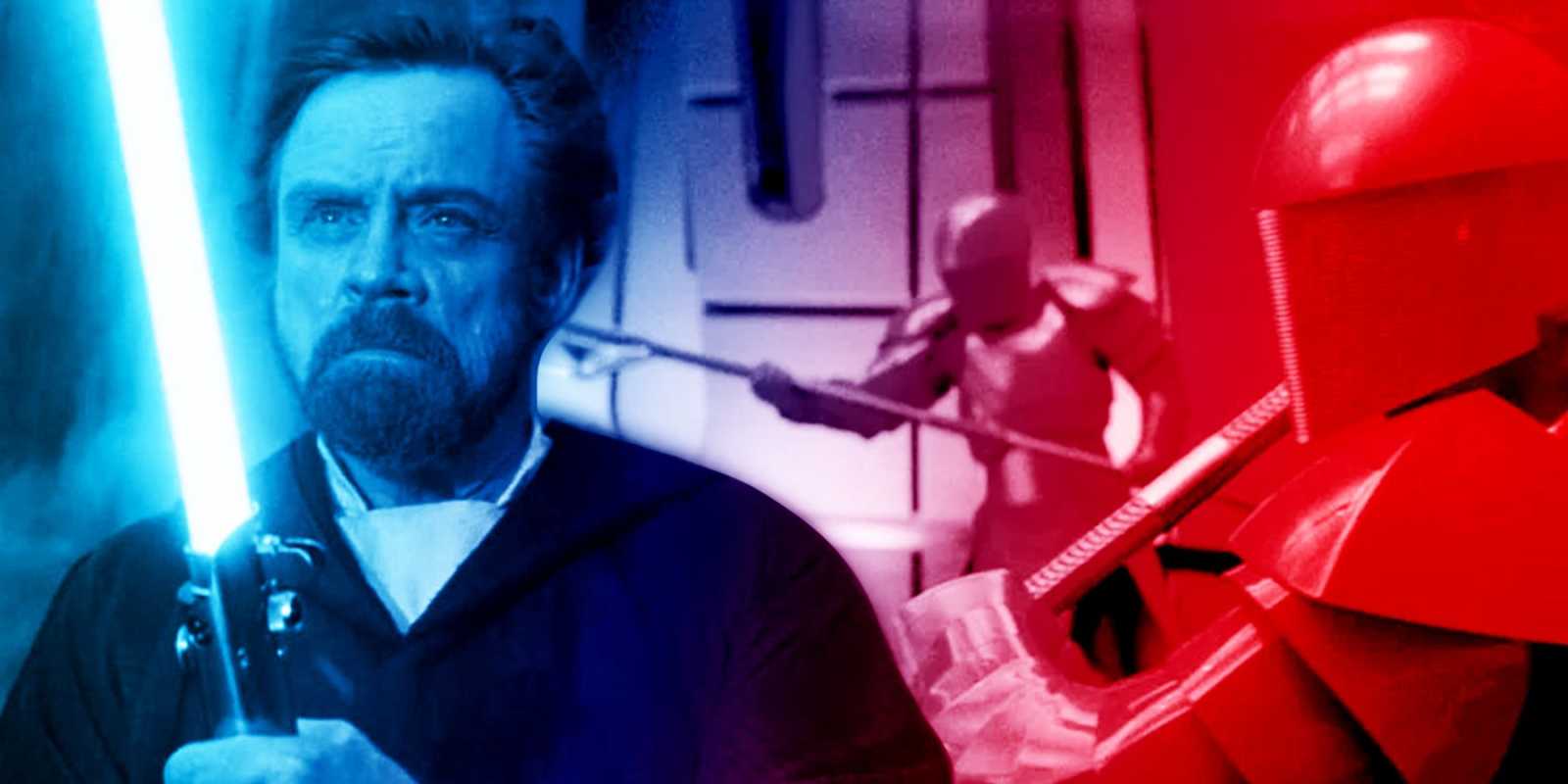 Luke Skywalker mit seinem Lichtschwert und den Prätorianern.