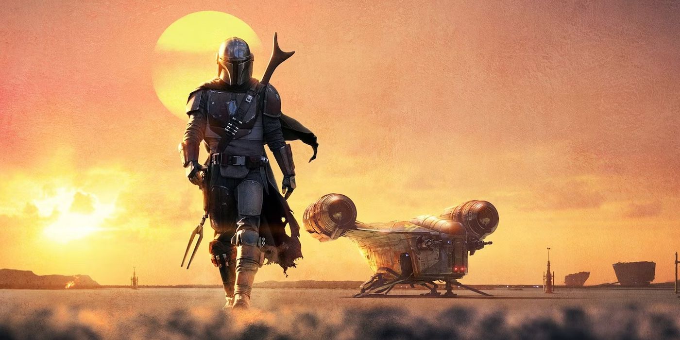 Der Mandalorianer geht auf den Betrachter zu, im Schatten der Sonne, mit dem Rasiermesserwappen im Hintergrund