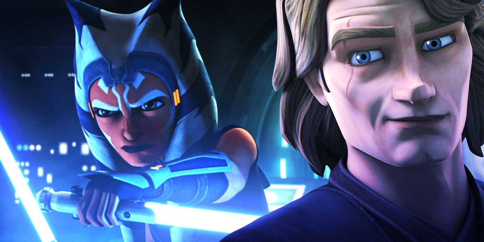 Ahsoka Tano empuñando sus dos sables de luz y Anakin sonriendo del programa Star Wars: Clone Wars