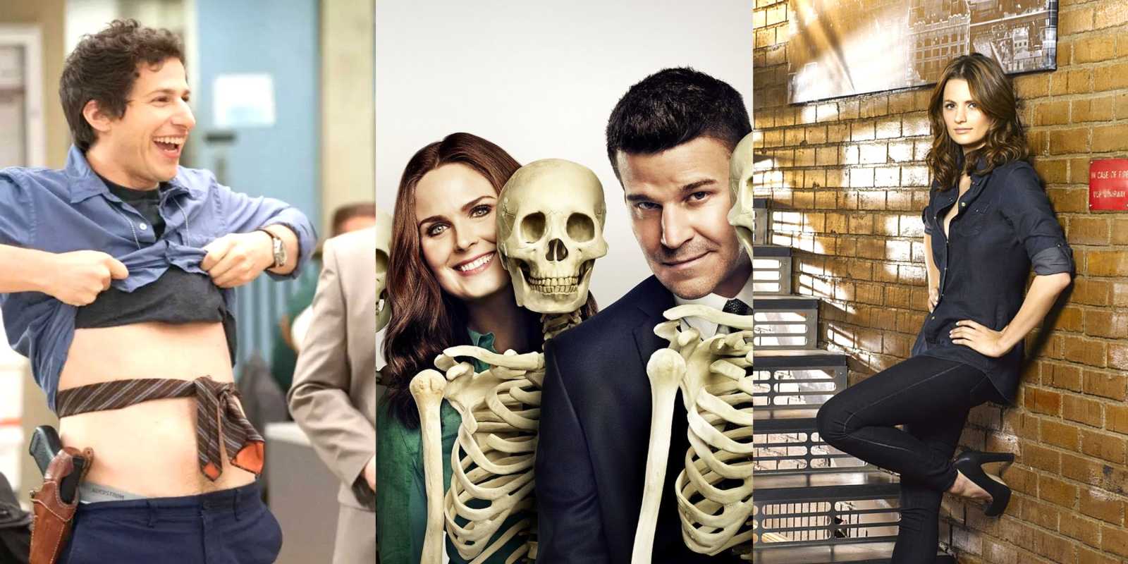 Jake Peralta de Brooklyn Nine Nine, Booth y Brennan posan con calaveras en Bones, Beckett posa en Castle.
