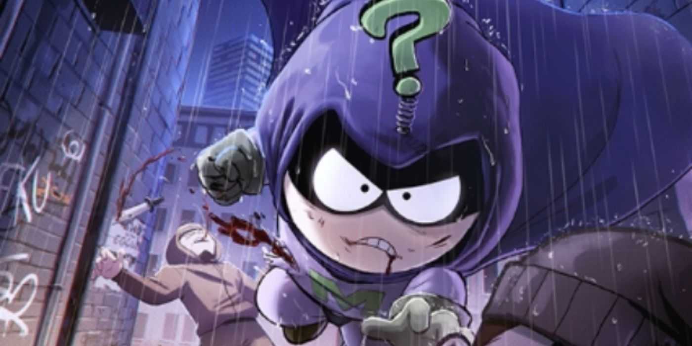 Eine stilisierte Zeichnung von Mysterion, wie er Kriminelle in South Park angreift