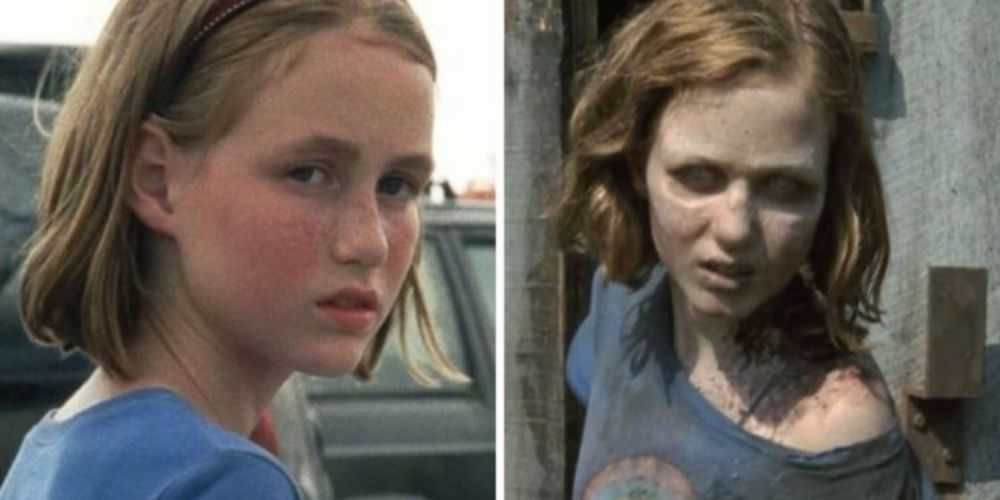 Ein geteiltes Bild von Sophia Peletier als normales Kind und als Spaziergängerin in The Walking Dead