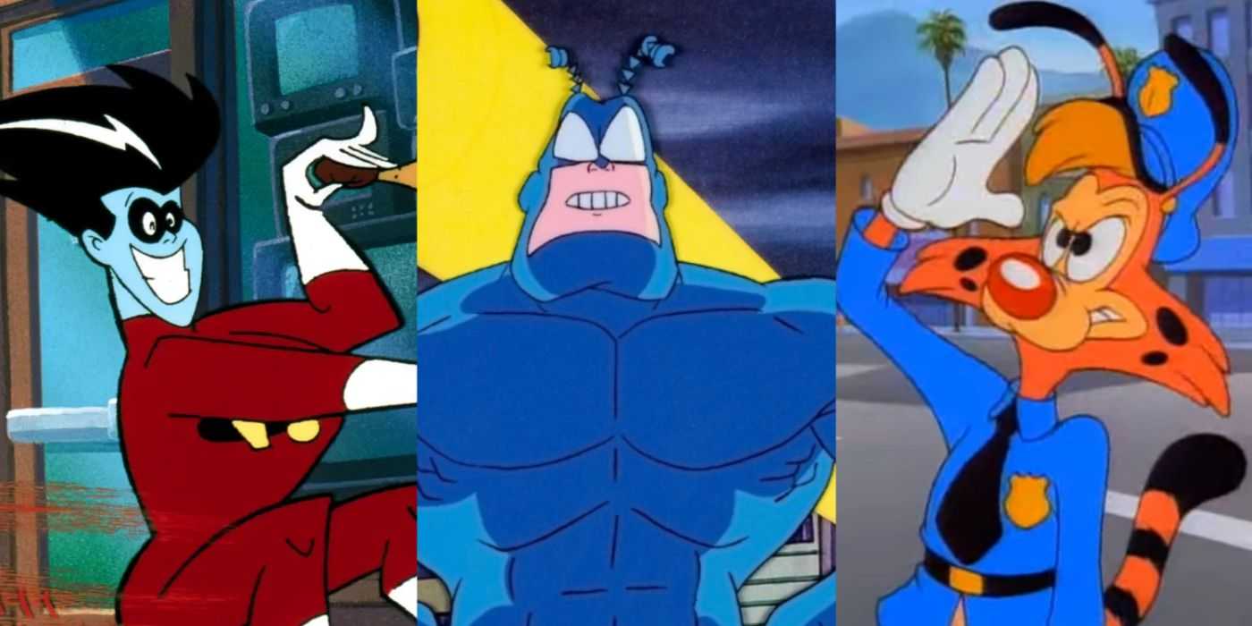 Ein geteiltes Bild von Dexter in Freakazoid, The Tick in The Tick und Bonkers D. Bobcat in Bonkers