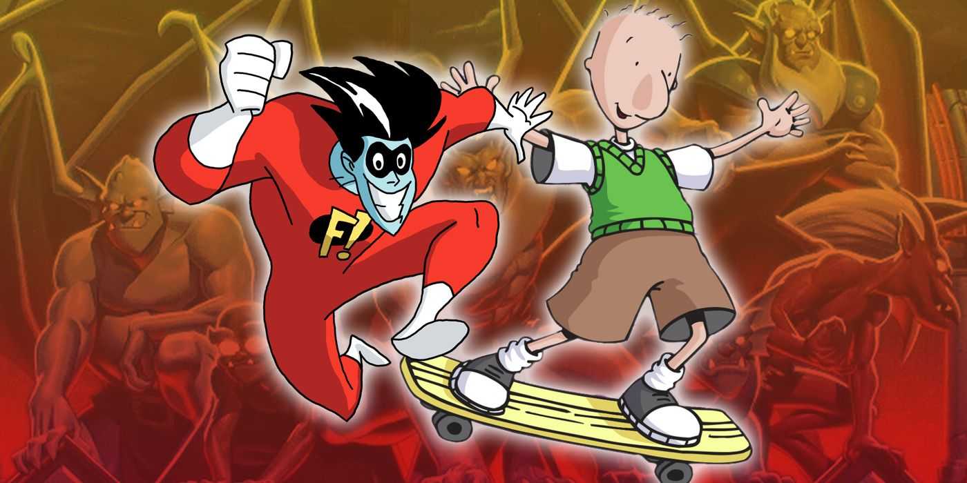 Freakazoid und Doug mit Gargoyles im Hintergrund