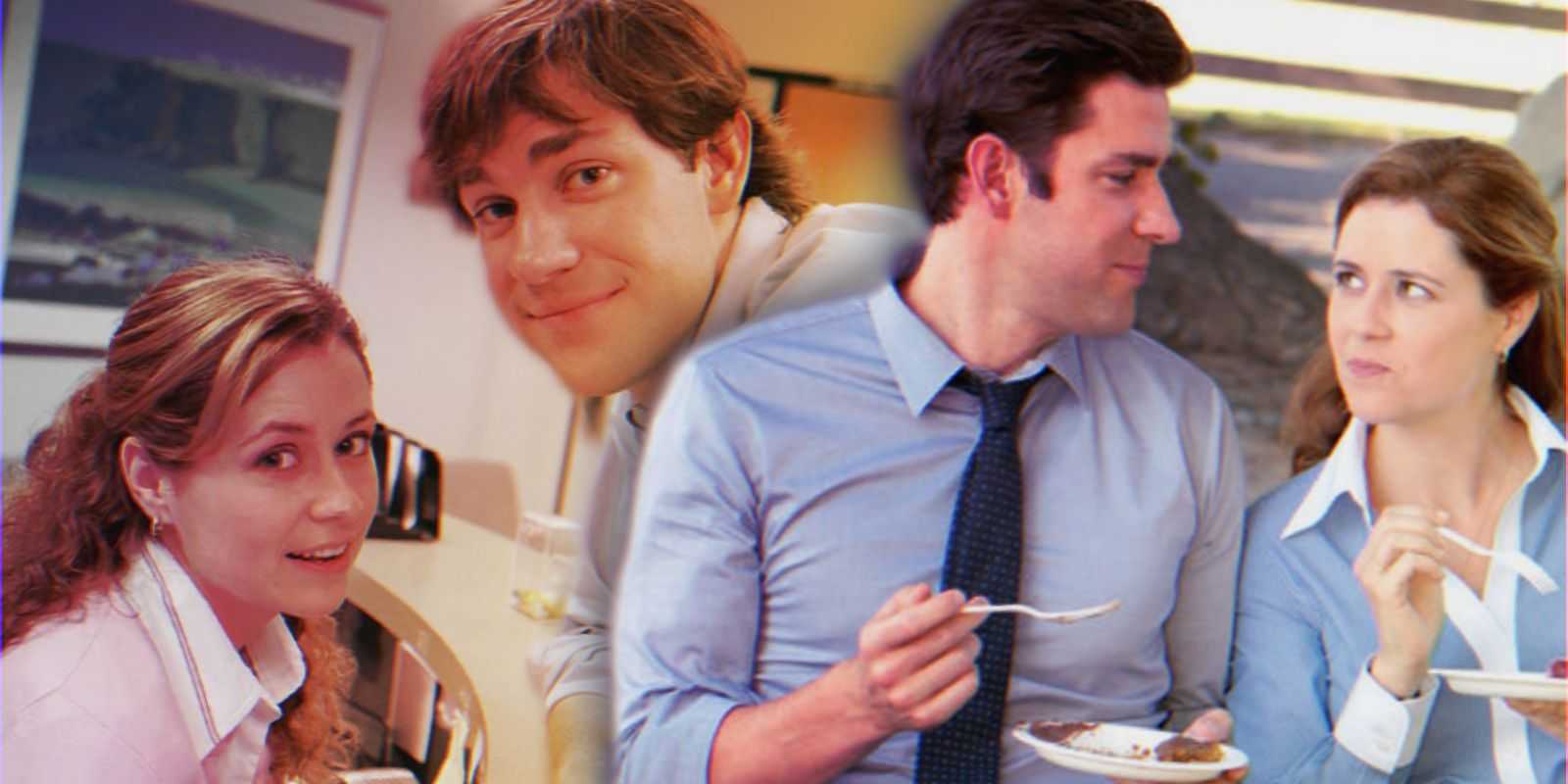『The Office』シーズン 1 のジムとパムの画像と、シーズン 8 のジムとパムの画像。