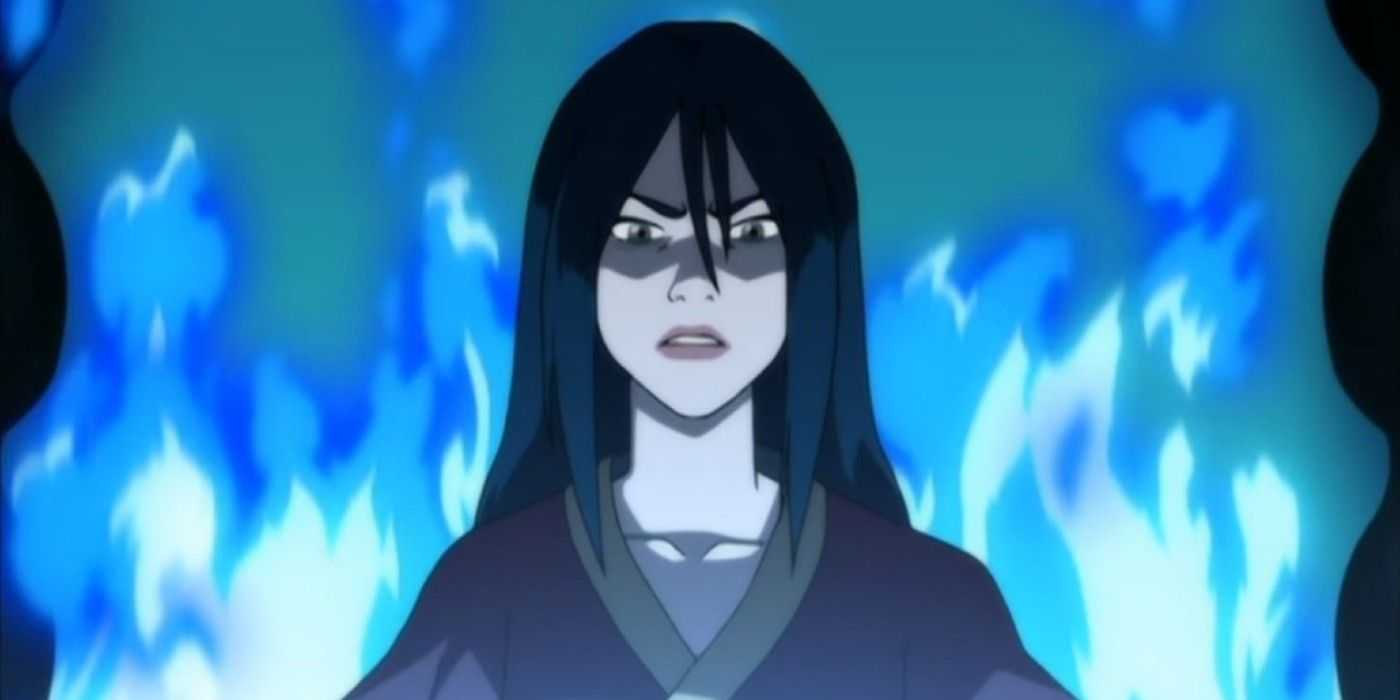 Azula na tróne obklopená modrými plameňmi vo filme Avatar The Last Airbender