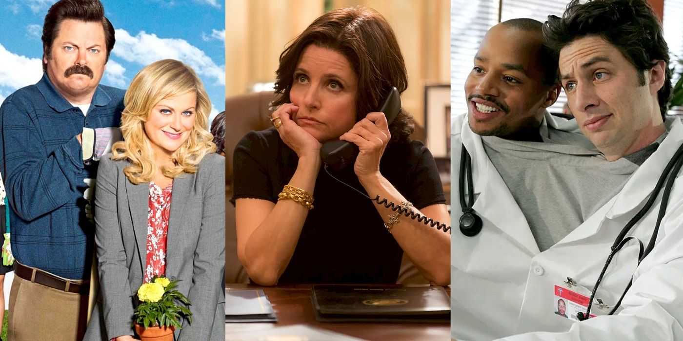 Parks and RecreationのLeslieとRon、VeepのSelina Meyer、ScrubsのJDとTurkの分割画像