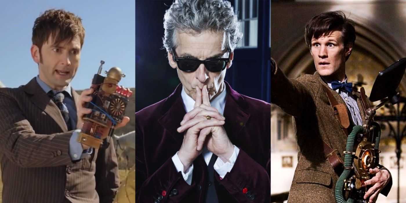 David Tennant, Peter Capaldi a Matt Smith vo filme Doctor Who, ovládajúci rôzne sci-fi pomôcky.