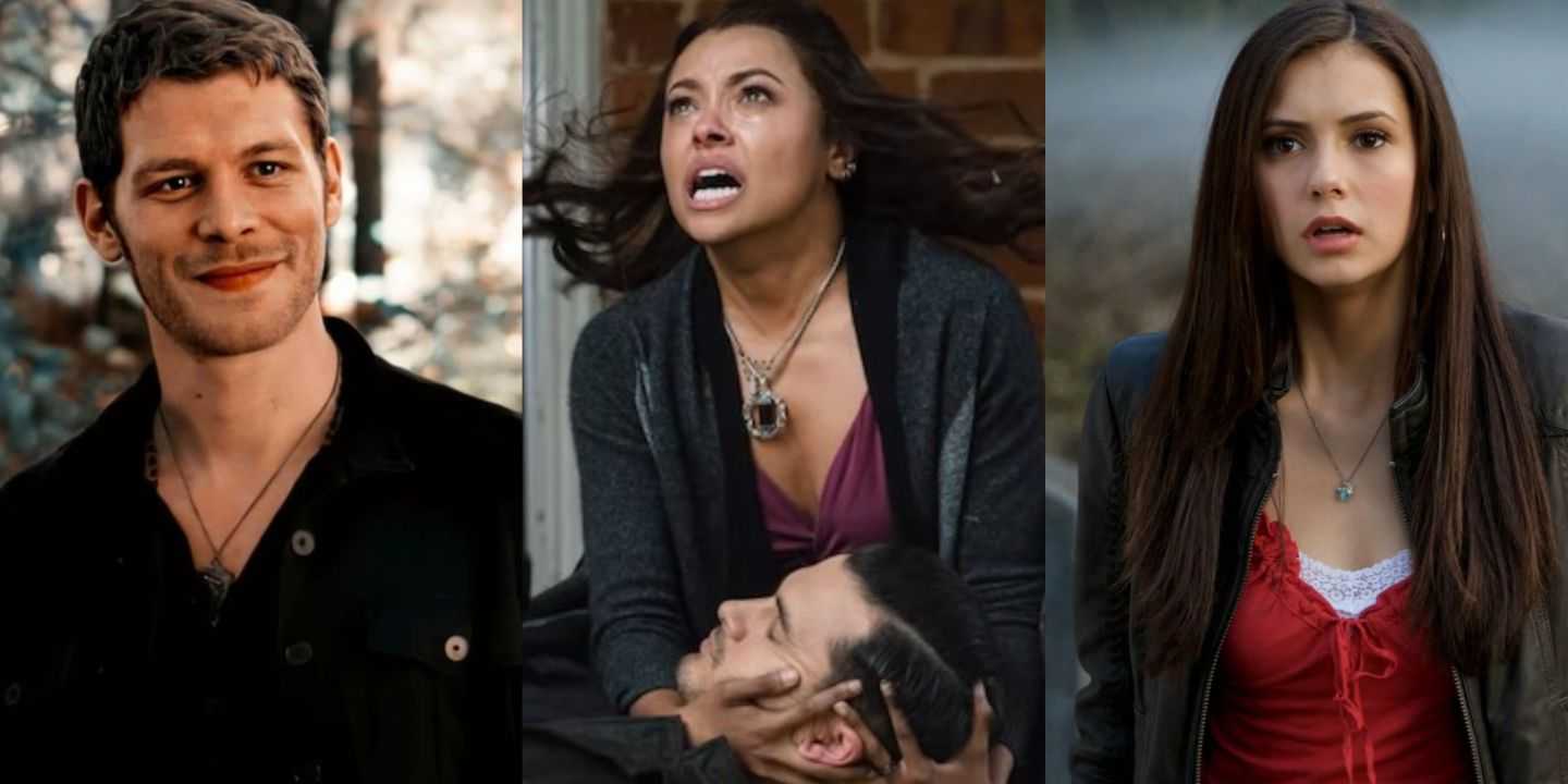 Ein geteiltes Bild von Klaus, Bonnie und Enzo und Elena in The Vampire Diaries