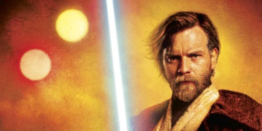 タトゥイーンの双子の太陽を背にライトセーバーを構えるオビ=ワン・ケノービ