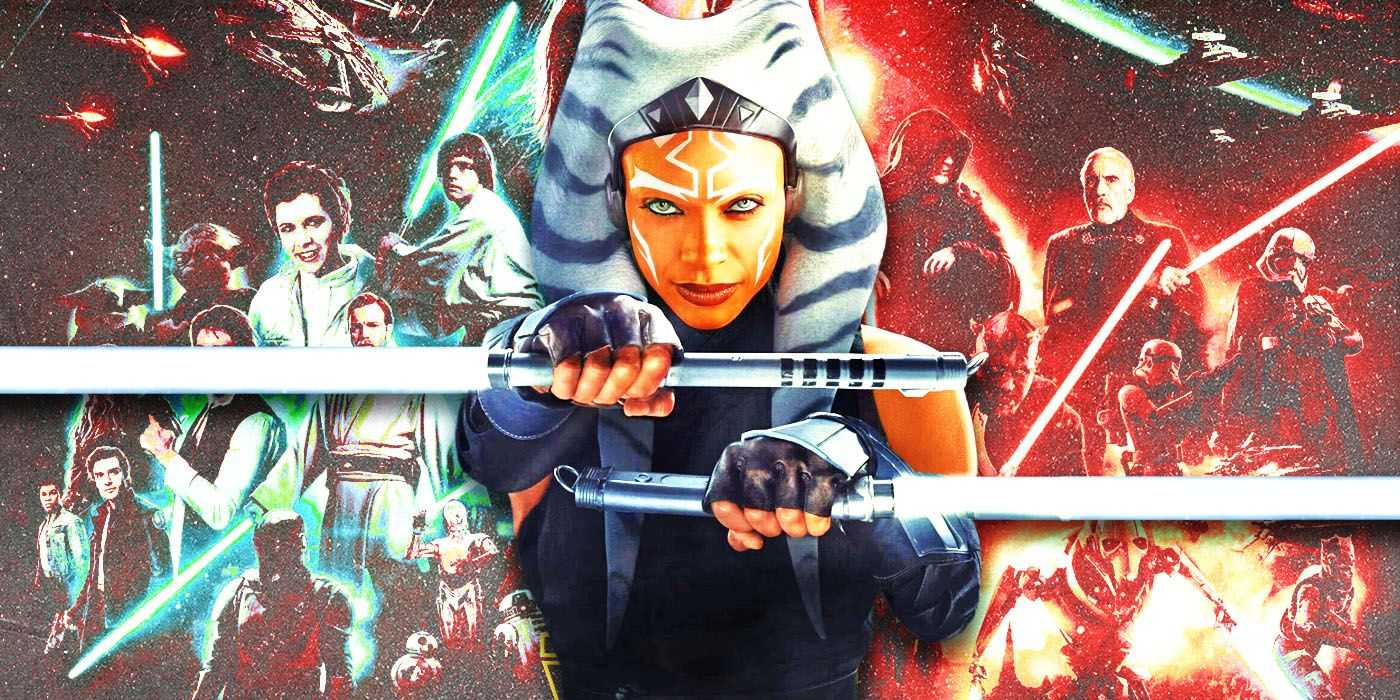 スター・ウォーズのポスターの前で2本のライトセーバーを持つアソーカ・タノ