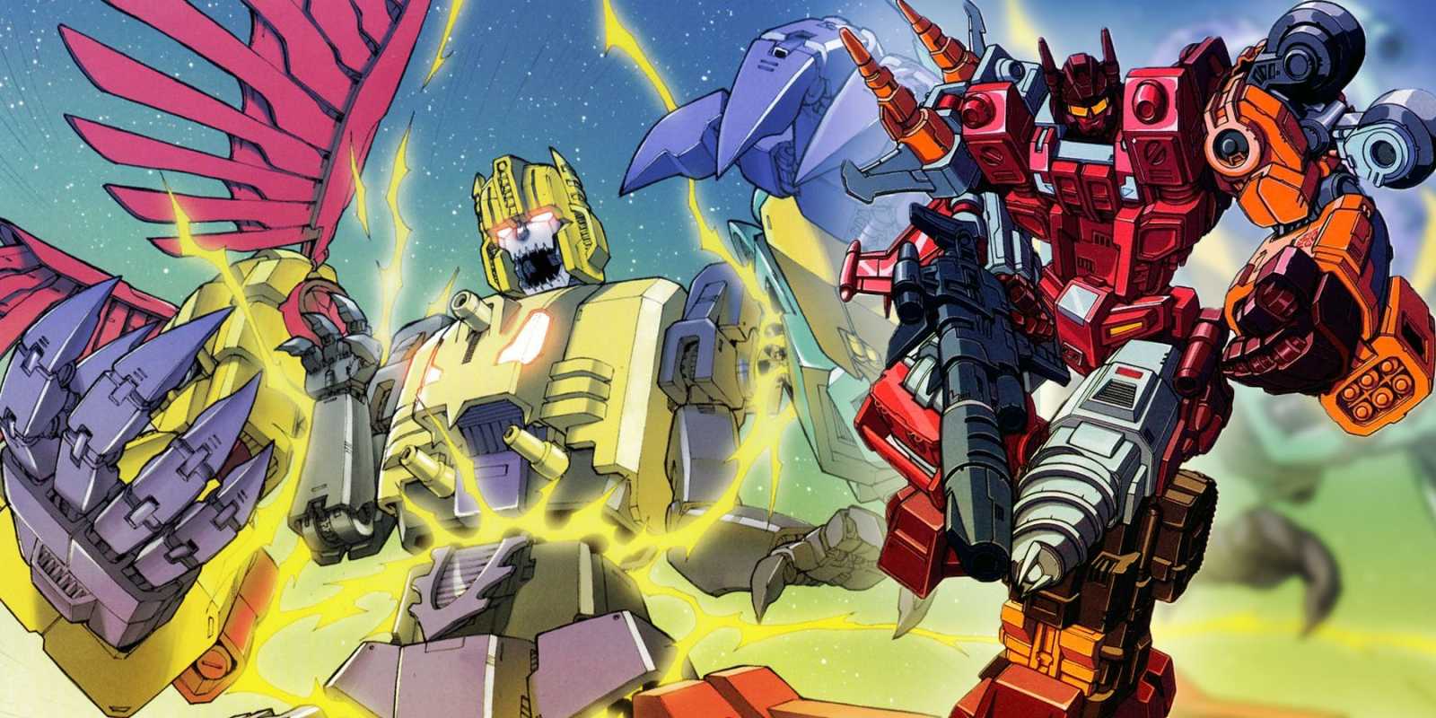 Un collage de poderosos combinadores Autobot y Decepticon de la franquicia Transformers.