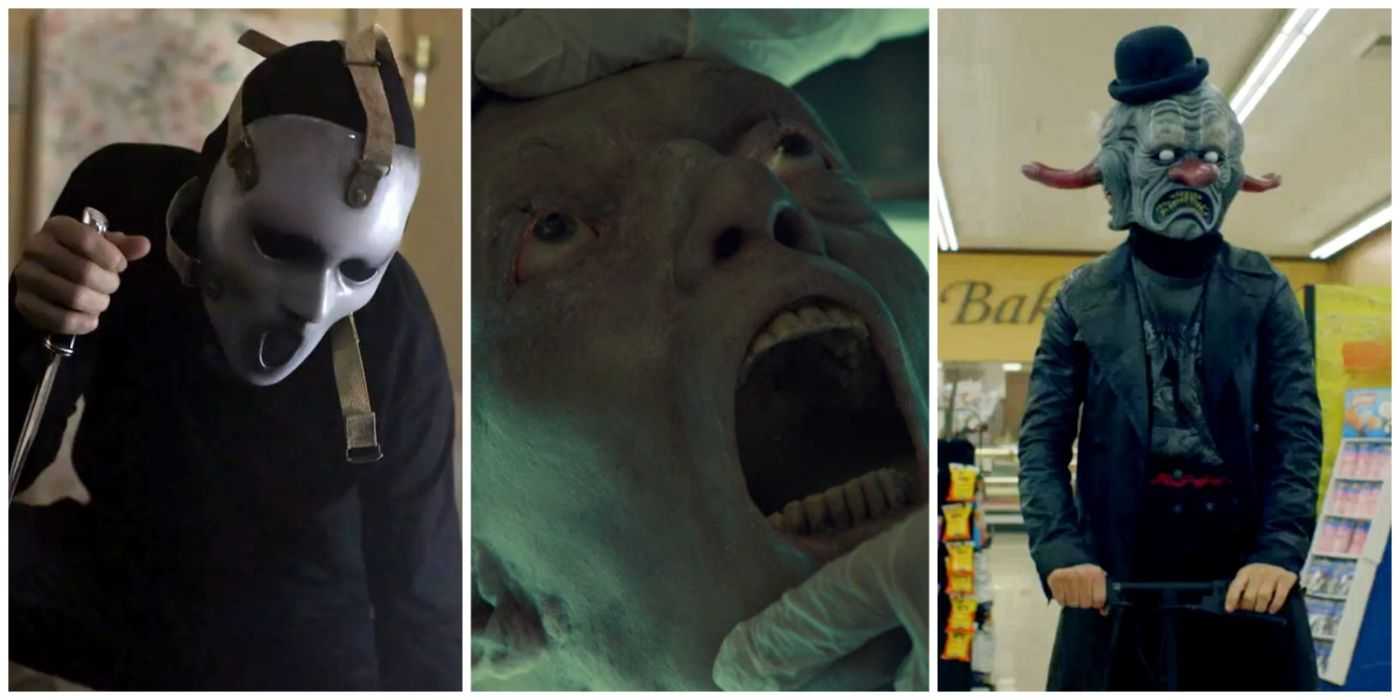 Ein geteiltes Bild eines Clowns aus American Horror Story, einer Leiche aus Hemlock Grove und eines maskierten Mörders aus Scream