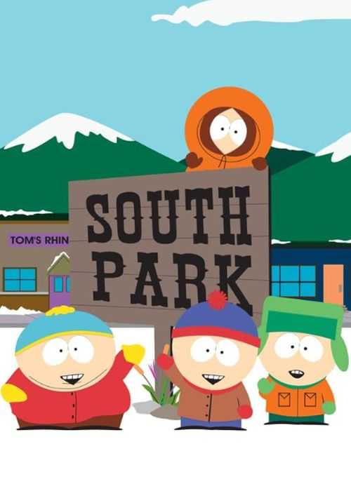 El elenco de South Park frente al cartel de la ciudad.