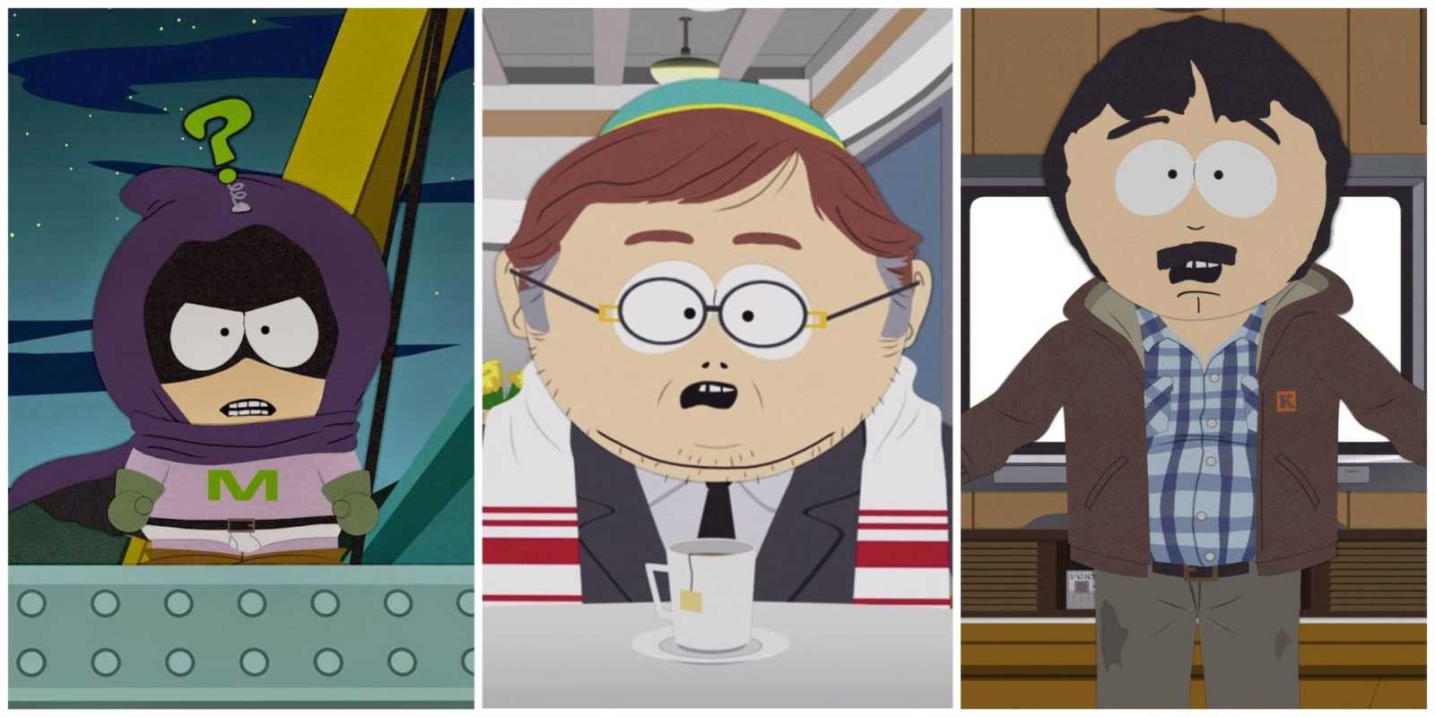 Una imagen de collage con los personajes de South Park, Mysterion (Kenny), el adulto Eric Cartman y Randy Marsh.