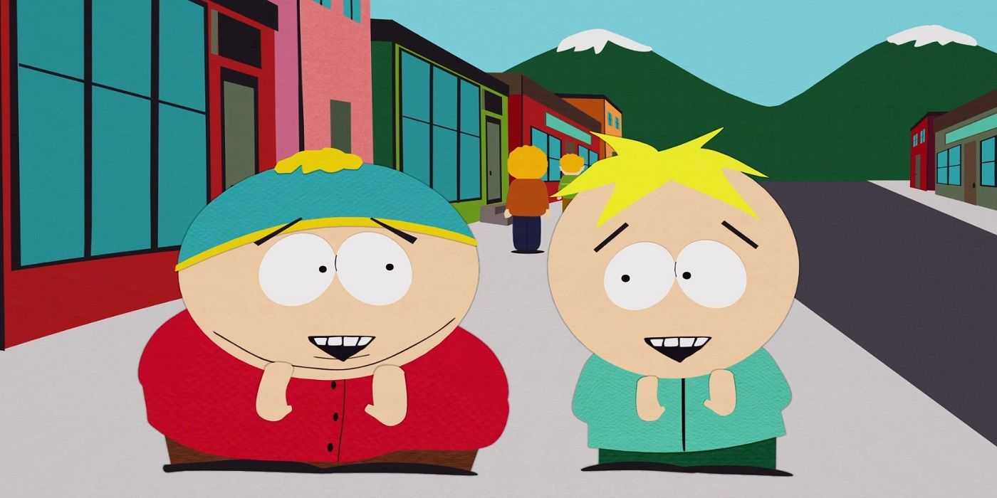 Cartman y Butters juegan juntos con entusiasmo en la acera de South Park