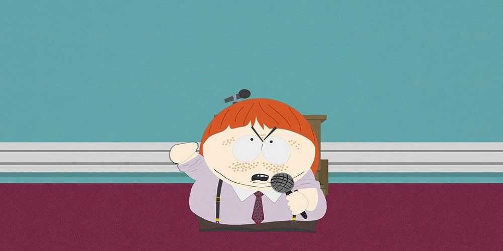 Cartman con cabello pelirrojo gritándole a todos en South Park