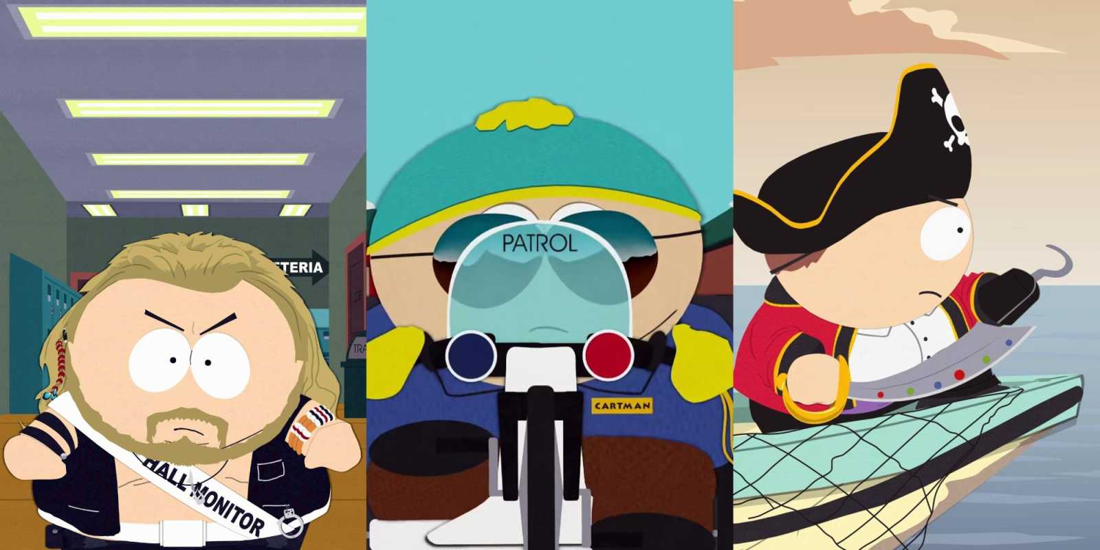 Imagen dividida Cartman monitor de pasillo, policía, pirata