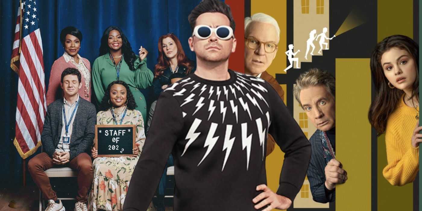 Collage aus Comedy-Shows in Hulu, Abbott Elementary, Schitt