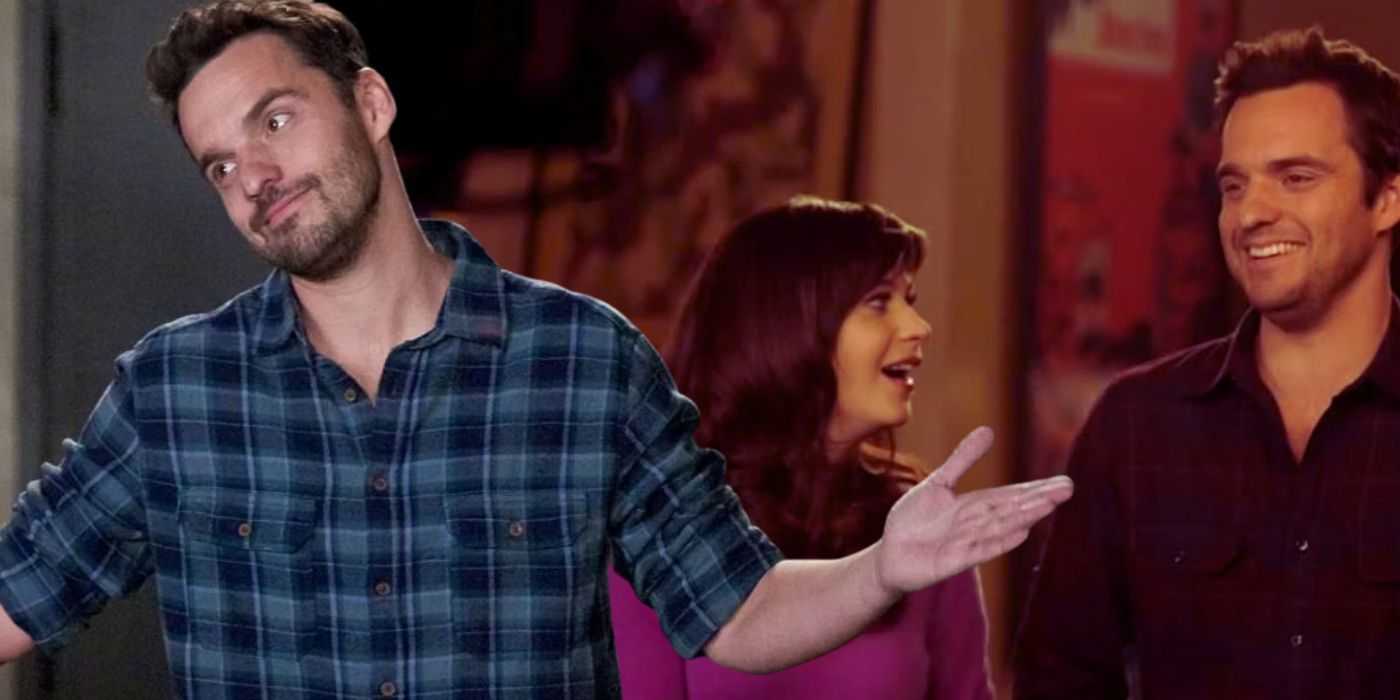Collage von Nick und Jess und Nick, die in „New Girl“ lachen