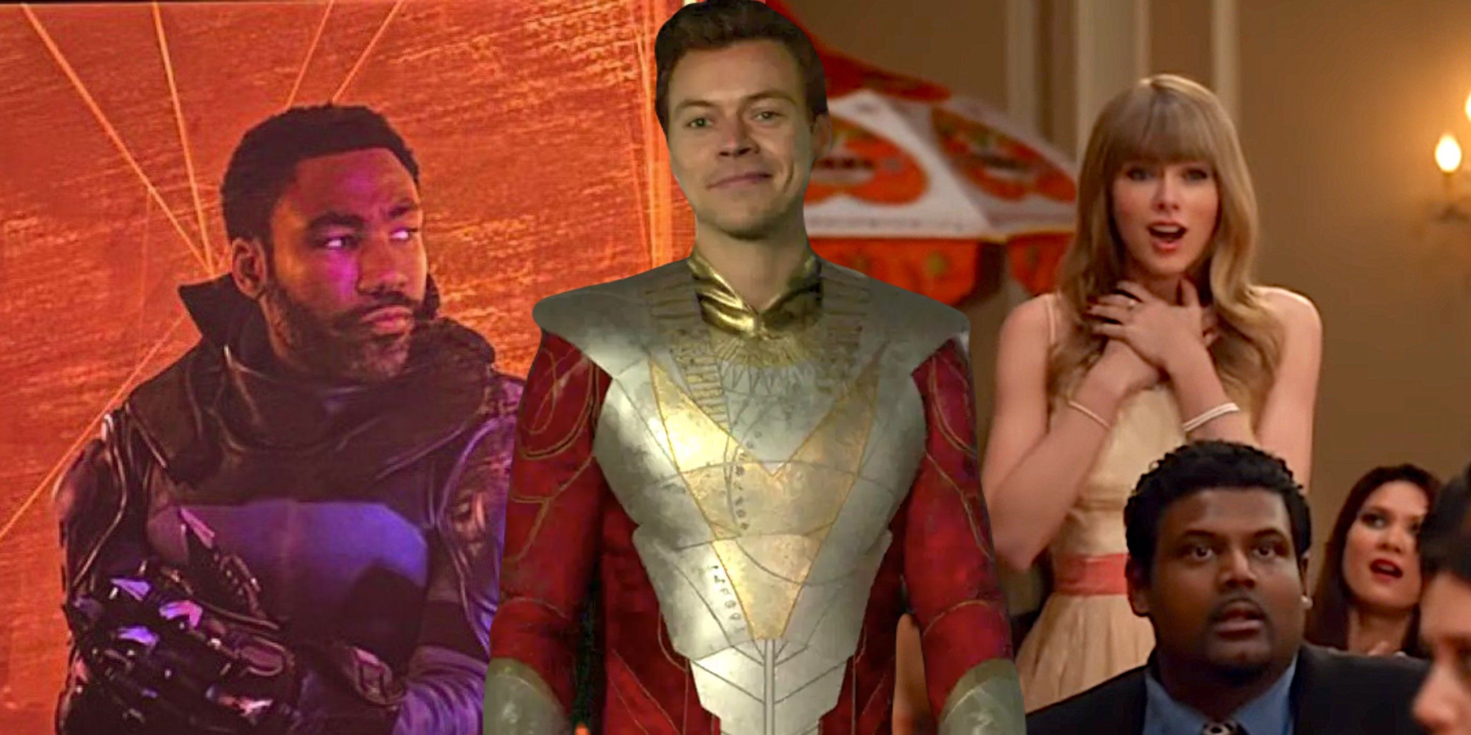 Gemischtes Bild von Donald Glover in Spiderverse 2, Harry Styles in Eternals und Taylor Swift in New Girl