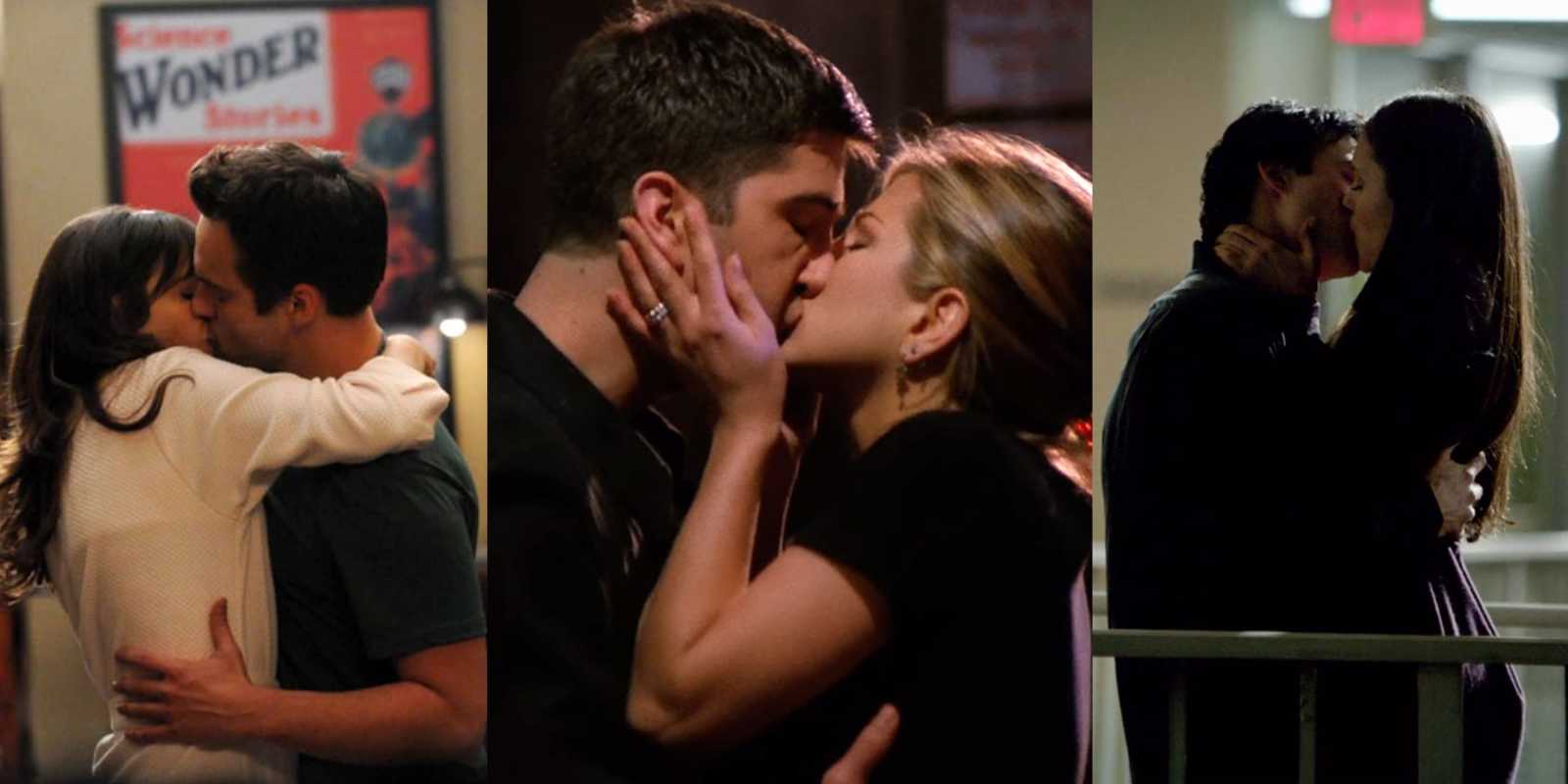 Imagen dividida de Jess y Nick besándose en el loft, Ross y Rachel besándose en la cafetería y Damon y Elena besándose afuera del motel.