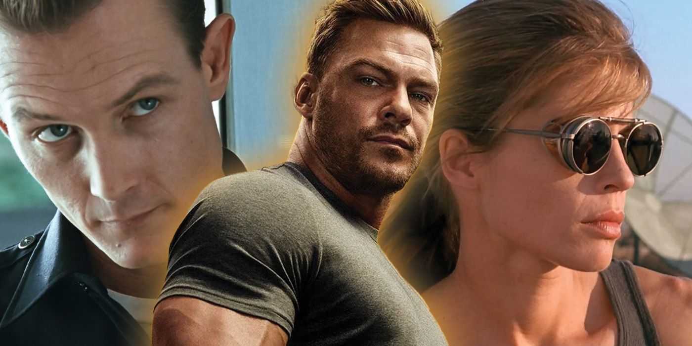 Jack Reacher, interpretado por Alan Ritchson, entre imágenes del T-1000 y Sarah Conner de Terminator 2