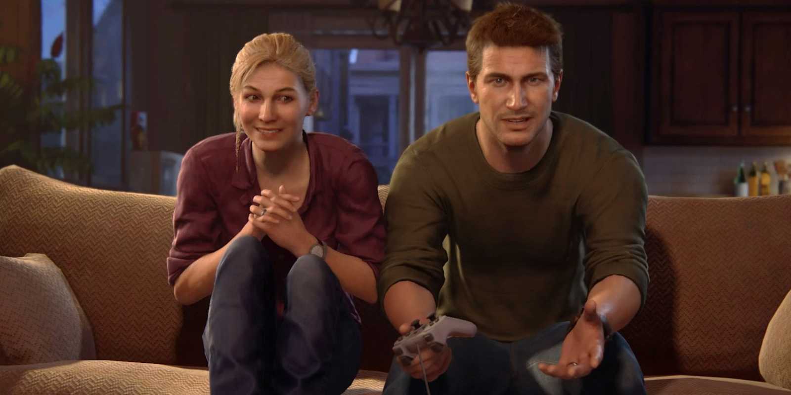 Elena und Nathan Drake spielen Playstation
