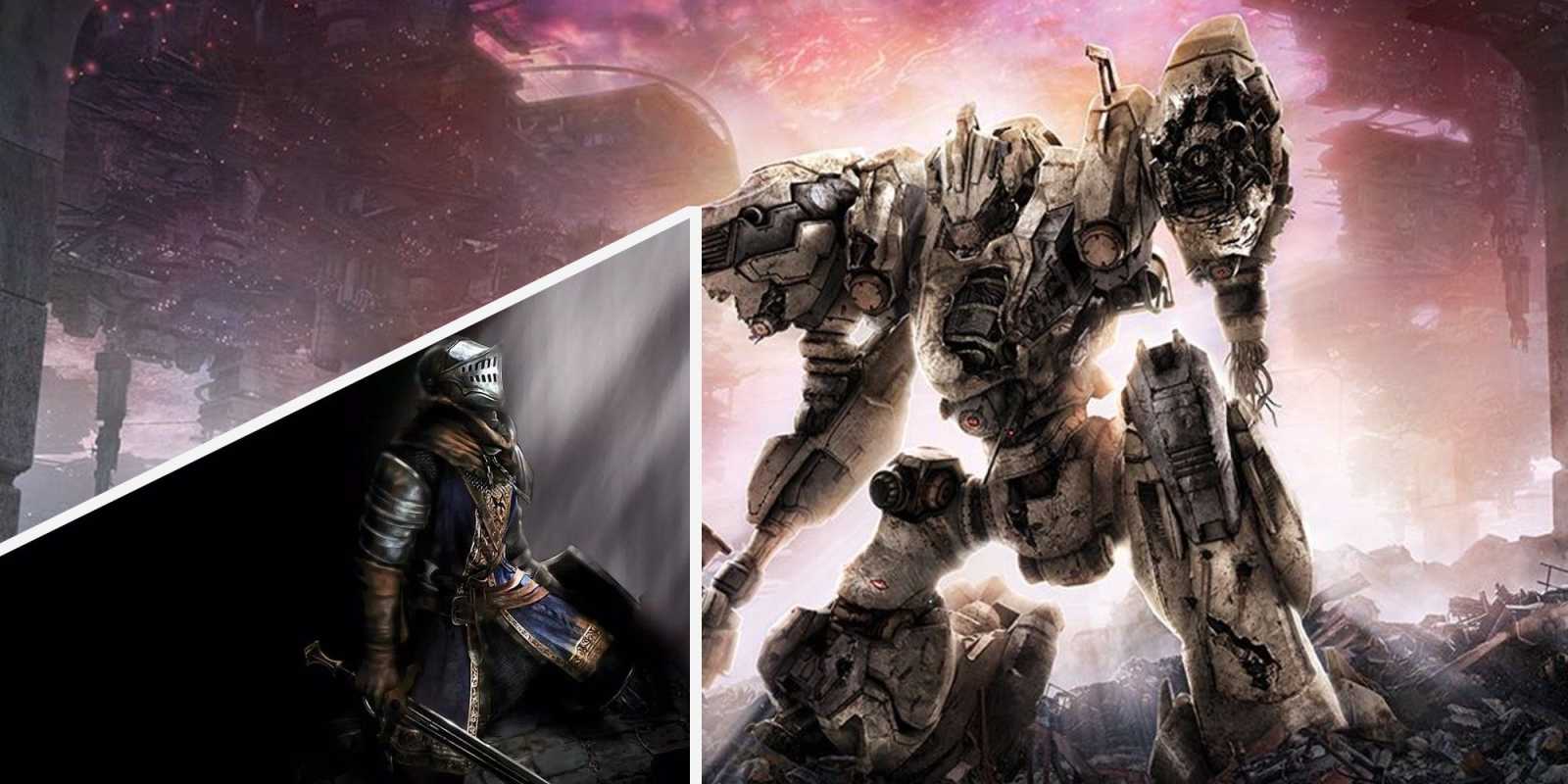 Der Elite-Ritter aus Dark Souls kniet und covert Armored Core 6