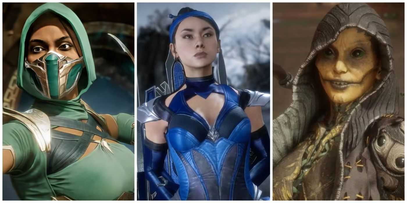 Una imagen dividida de Jade, Kitana y D.