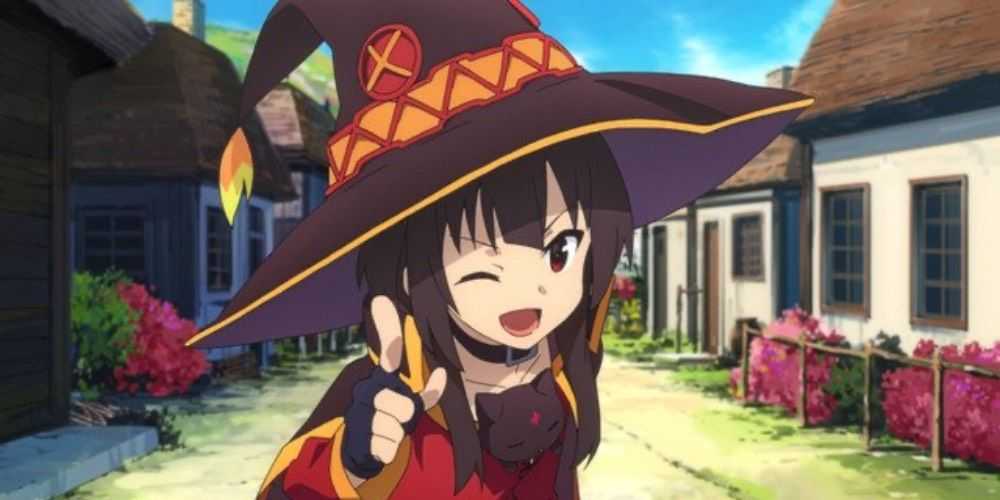 Megumin zwinkert und zeigt auf die Kamera von KonoSuba