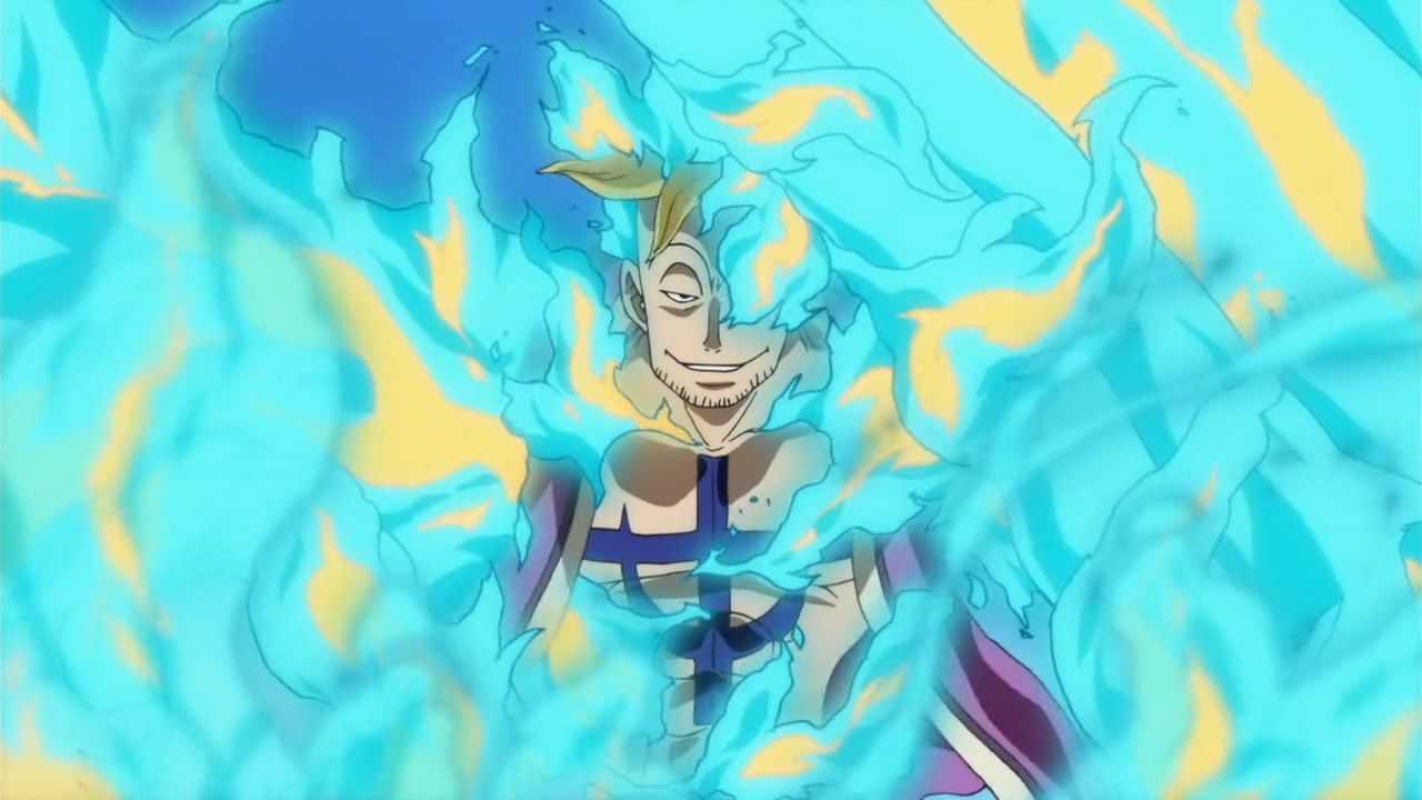 Ein Standbild aus One Piece zeigt Marco lächelnd, umgeben von blauen Flammen