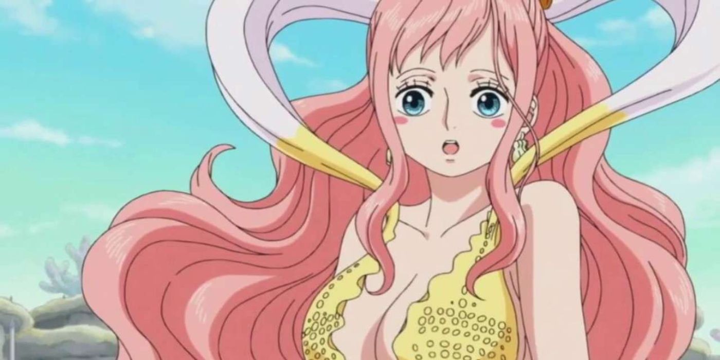 Prinzessin Shirahoshi aus One Piece mit offenem Mund und schockiertem Blick.