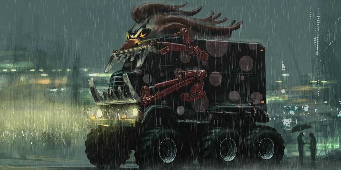 Dark Tooth im Regen mit zwei Leuten, die sich im Hintergrund unterhalten, in Twisted Metal
